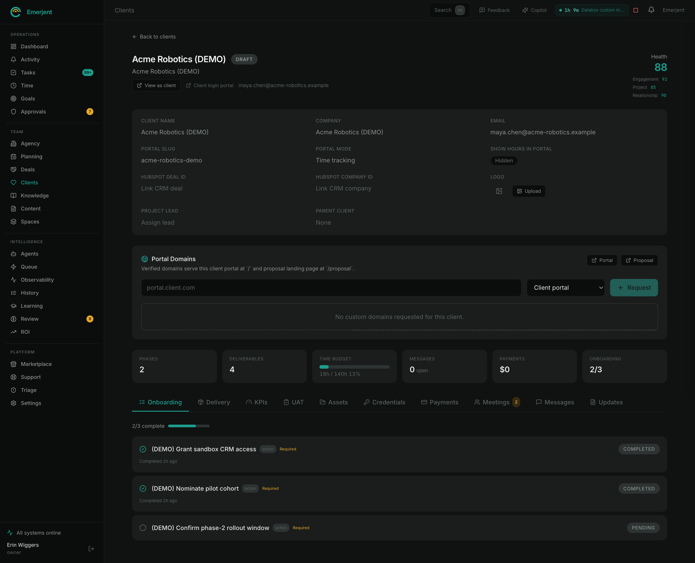 A client record: health score, portal settings, and onboarding steps with completion status.