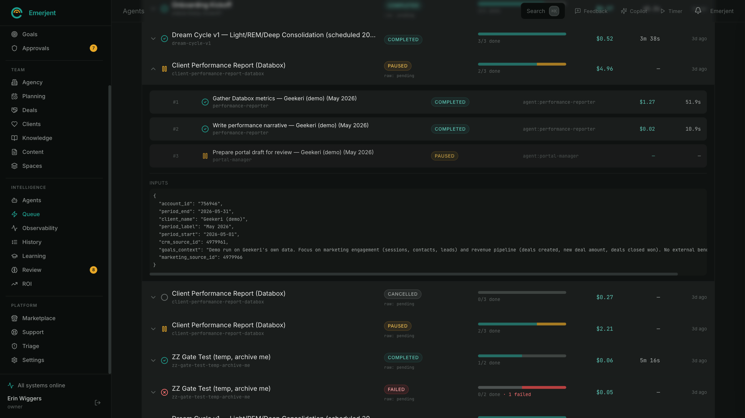 A Client Performance Report chain run: gather Databox metrics, write the narrative, then pause for review before the portal draft, with per-step agent, cost, and duration.
