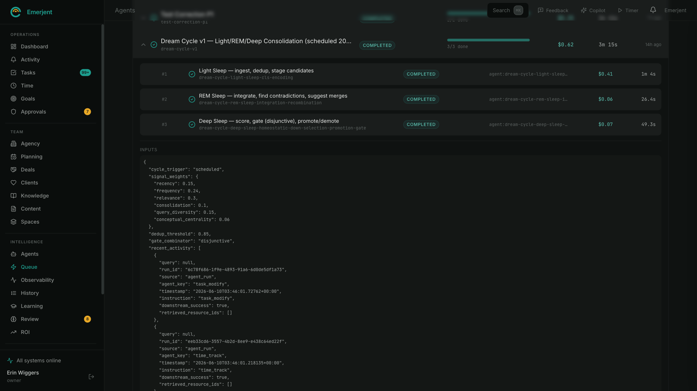 A completed workflow run: three dependent steps, each with its status, agent, cost, and duration, plus the full run inputs.